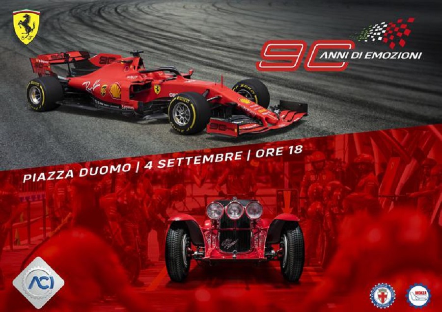 Aci e Ferrari festeggiano al Duomo per 90 anni Rossa e GP d’Italia.